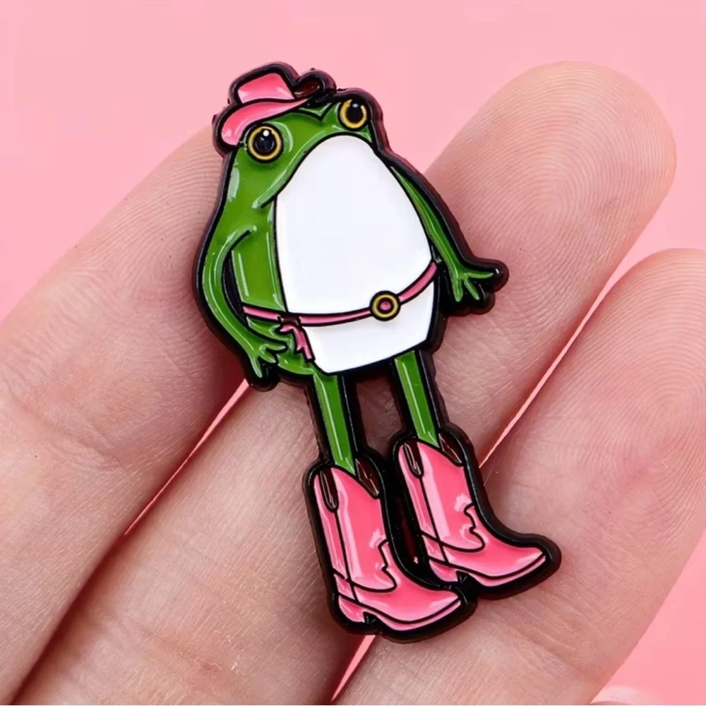 Frog Enamel Pin with Pink Cowboy Boots - Picture 2 of 4